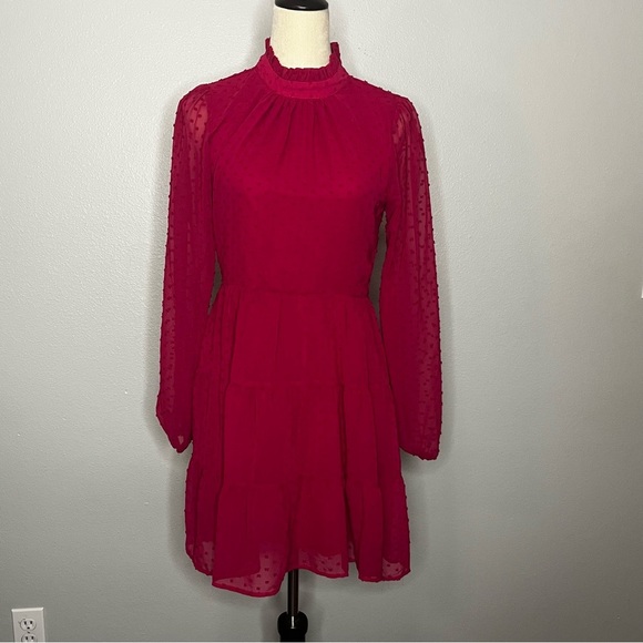 Trixxi High Neck Sheer Sleeve Dress Women M Red Magenta Tiered Ruffle Zip Midi - Picture 1 of 10
